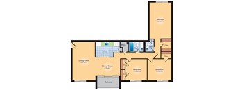 A floor plan of a house with a living room, kitchen, dining room, and three bedrooms.