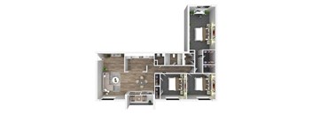 A 3D floor plan of a house with a kitchen, living room, and two bedrooms.