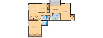 A floor plan of a house with a patio and three bedrooms.