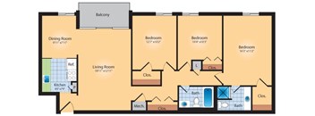 A floor plan of a house with a balcony, three bedrooms, a living room, a dining room, a kitchen, and a bathroom.