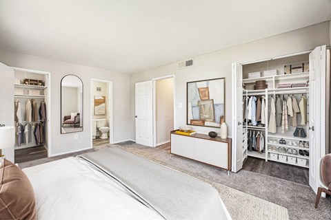 a bedroom with a bed and a closet