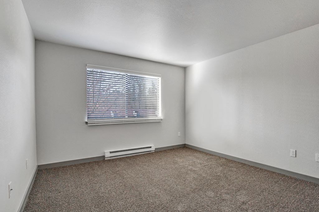 a bedroom with a window and a carpeted floor