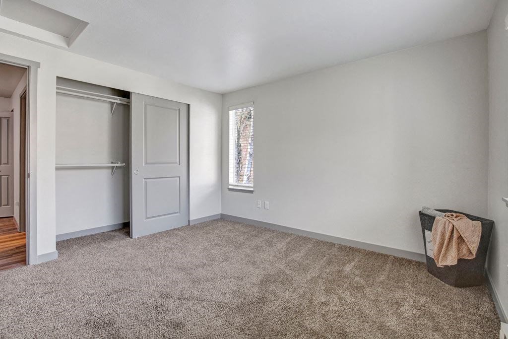 a bedroom with a closet and a window