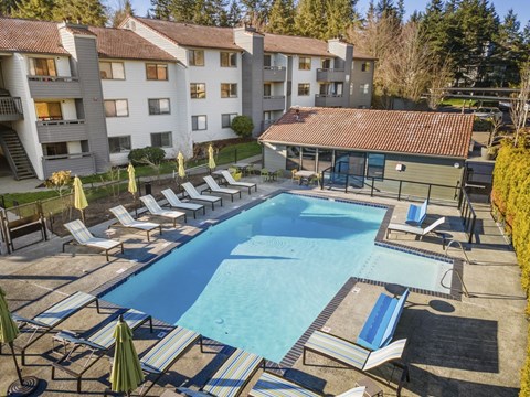 A swimming pool surrounded by sun loungers and umbrellas in front of apartment buildings.