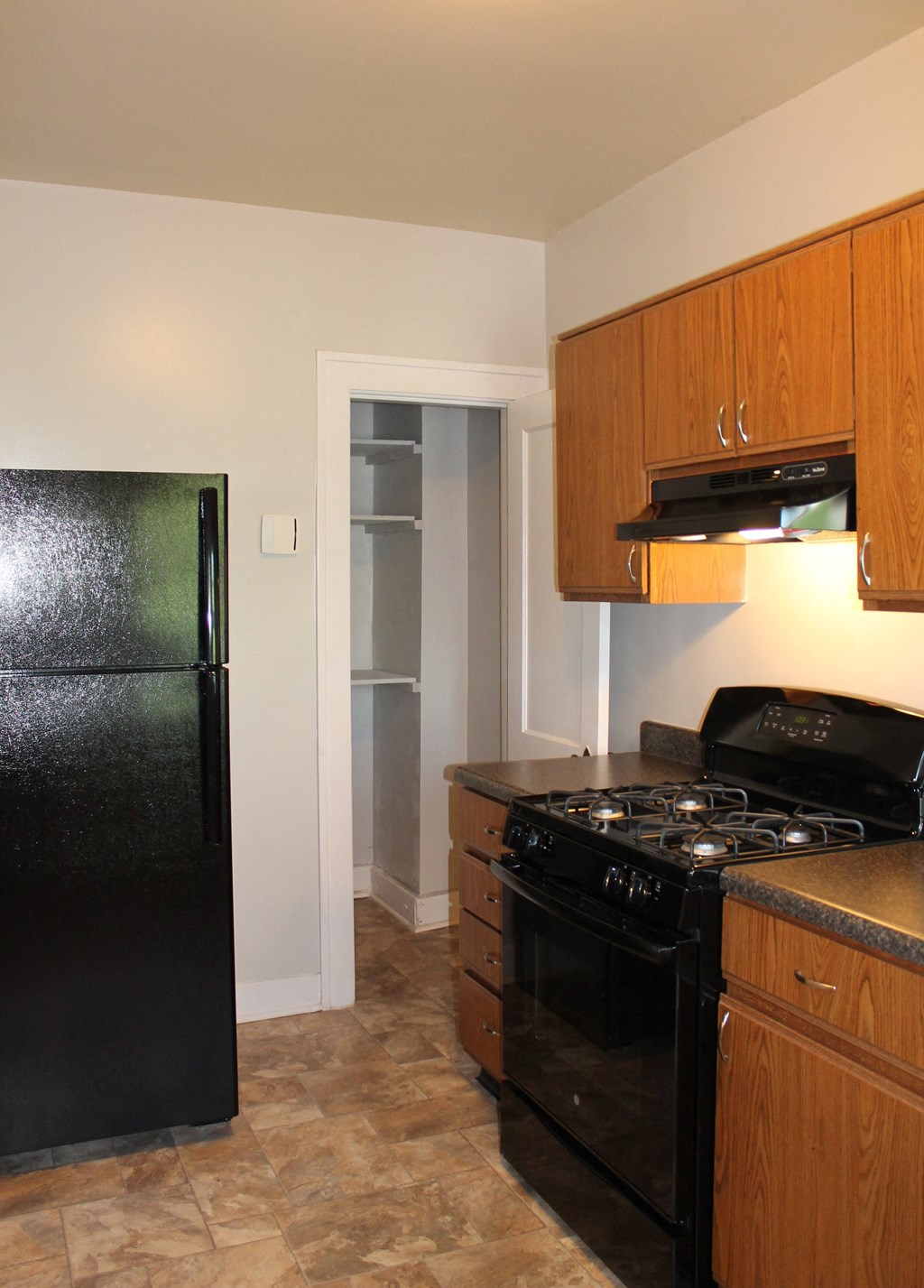 A black fridge and stove in a kitchen with wooden cabinets.