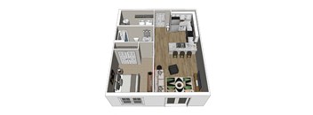 A 3D floor plan of a house with a kitchen, living room, dining room, and bathroom.