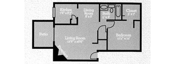A floor plan of a house with a kitchen, living room, dining room, bath, closet, and bedroom.