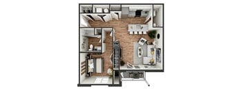 A top-down view of a modern apartment layout with a kitchen, living room, and bedroom.