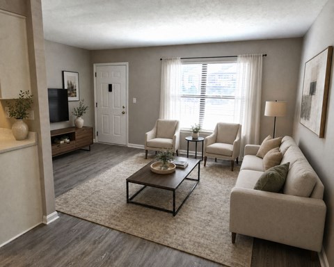 A living room with a white sofa, a coffee table, and a television.