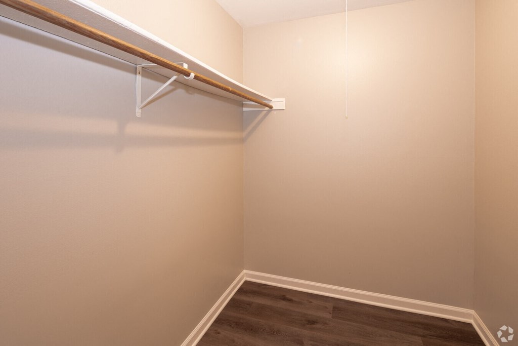 a walk in closet with a hanging rail and a wood floor
