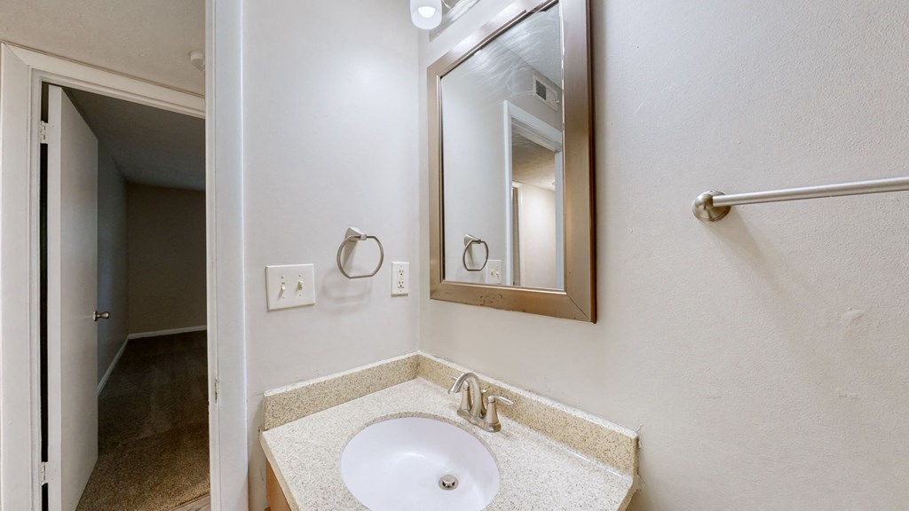 a bathroom with a sink and a mirror