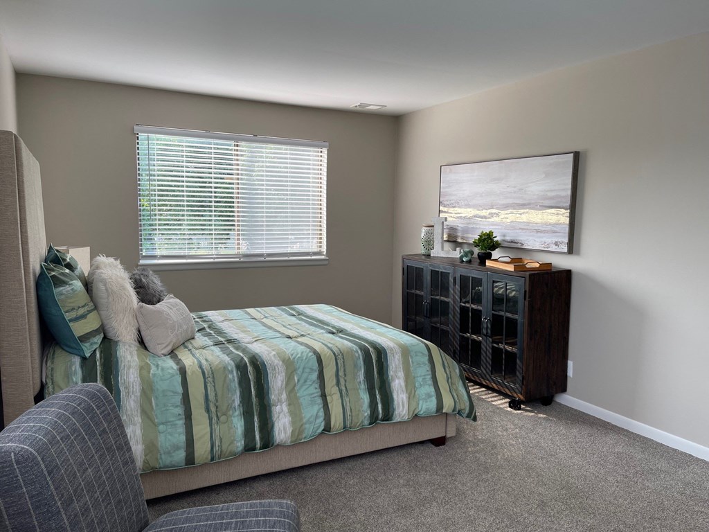 a bedroom with a bed and a dresser and a window