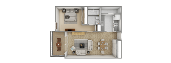 a floor plan of a studio apartment with a fireplace and a balcony
