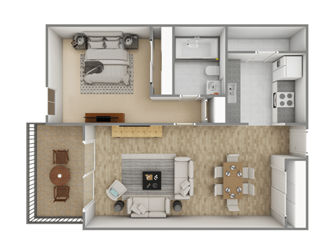 a floor plan of a studio apartment with a fireplace and a balcony