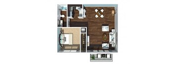 A floor plan of a house with a kitchen, living room, and bathroom.