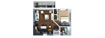 A 3D floor plan of a modern apartment with a living room, kitchen, and bedroom.