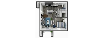 A 3D floor plan of a small apartment with a living room, kitchen, and bedroom.