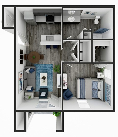 A 3D floor plan of a small apartment with a living room, kitchen, and bedroom.