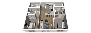 A top down view of a house layout with a living room, dining room, kitchen, and bedrooms.