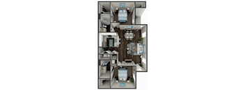 a 3d rendering of a floor plan with bedrooms and a living room