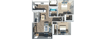 a rendering of a 3d floor plan with different layouts of rooms and furniture