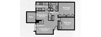 A floor plan of a house with a living room, dining room, kitchen, and two bedrooms.