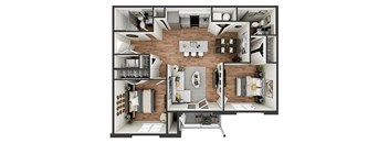A top-down view of a house layout with a living room, kitchen, dining area, and bedrooms.