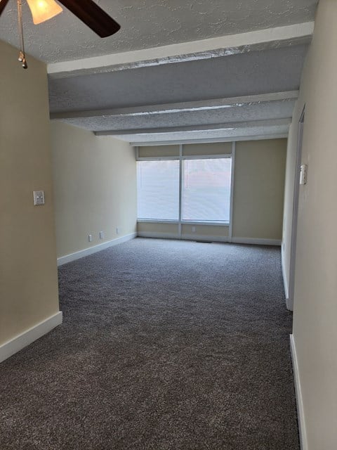 a living room with carpet and a large window