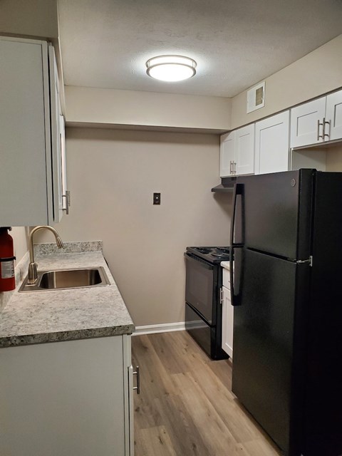 A black refrigerator sits in a kitchen next to a sink.