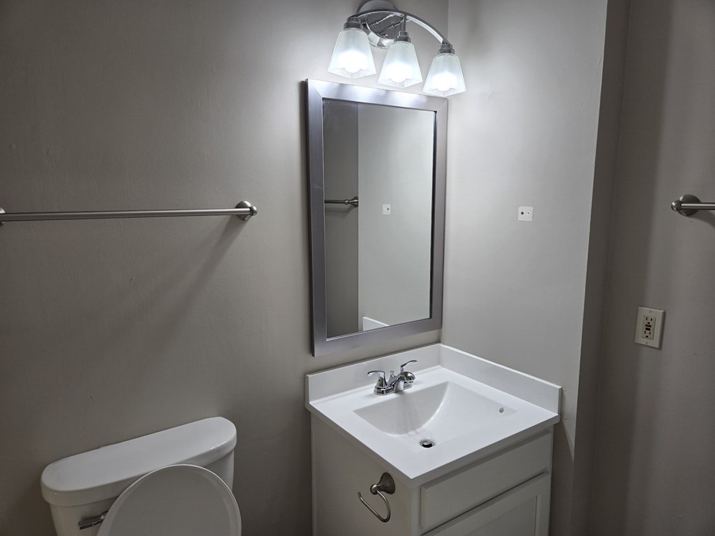 A white sink with a mirror above it and a toilet to the left.