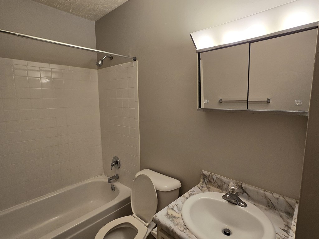 an empty bathroom with a sink toilet and bath tub