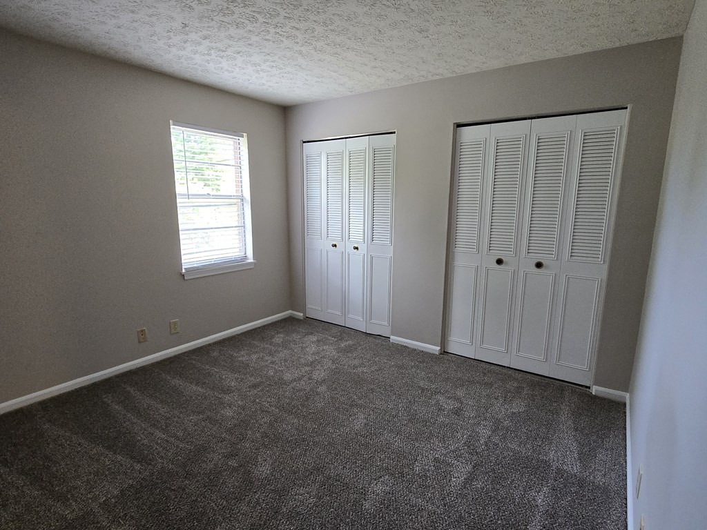 a bedroom with two closets and a carpeted floor