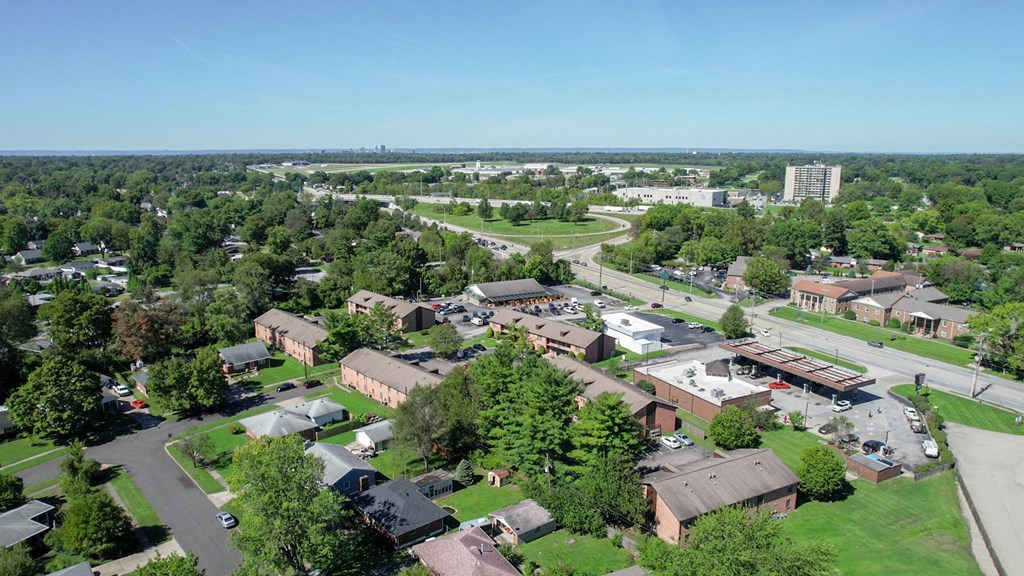 an aerial view of a neighborhood with houses and trees