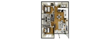 A floor plan of a house with a kitchen, living room, and bathroom.