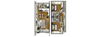A top-down view of a two-story apartment layout.