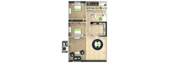 a floor plan of a bedroom apartment with furniture and a rug