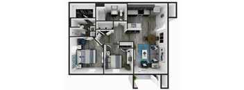 A 3D floor plan of a house showing a kitchen, living room, and bedrooms.