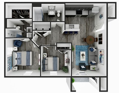 A 3D floor plan of a house showing a kitchen, living room, and bedrooms.