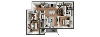 A top-down view of a house layout with a kitchen, living room, and bedrooms.