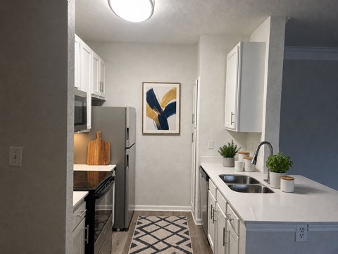 A kitchen with a white counter top and a painting of a bird on the wall.