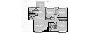 A floor plan of a house with a patio, kitchen, dining room, living room, and three bedrooms.