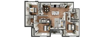 A 3D floor plan of a house showing all rooms and their layouts.