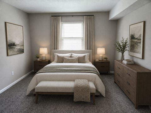 A bedroom with a large bed, two nightstands, and a bench.
