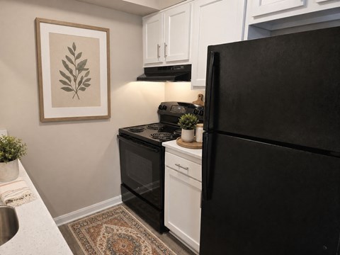 A black refrigerator stands in a kitchen with white cabinets and a framed leaf picture on the wall.