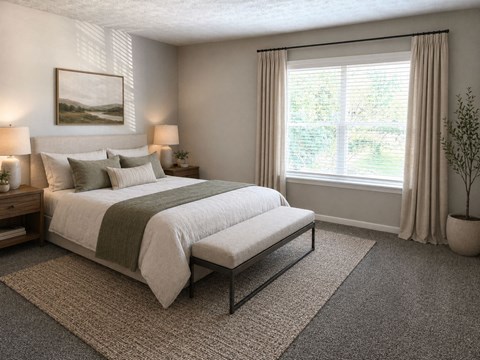 A bedroom with a large bed and a window with curtains.