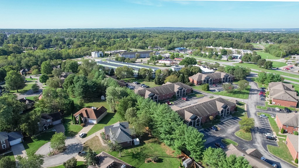 A bird's eye view of a residential area with houses and trees.