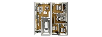 A floor plan of a two-story apartment with a living room, kitchen, and bathroom on the first floor, and a bedroom with a balcony on the second floor.