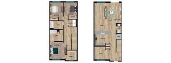 A floor plan of a two bedroom apartment with a living room and a kitchen.