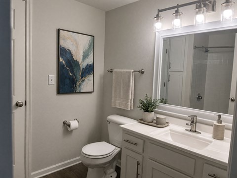 A bathroom with a toilet, sink, mirror, and a painting on the wall.