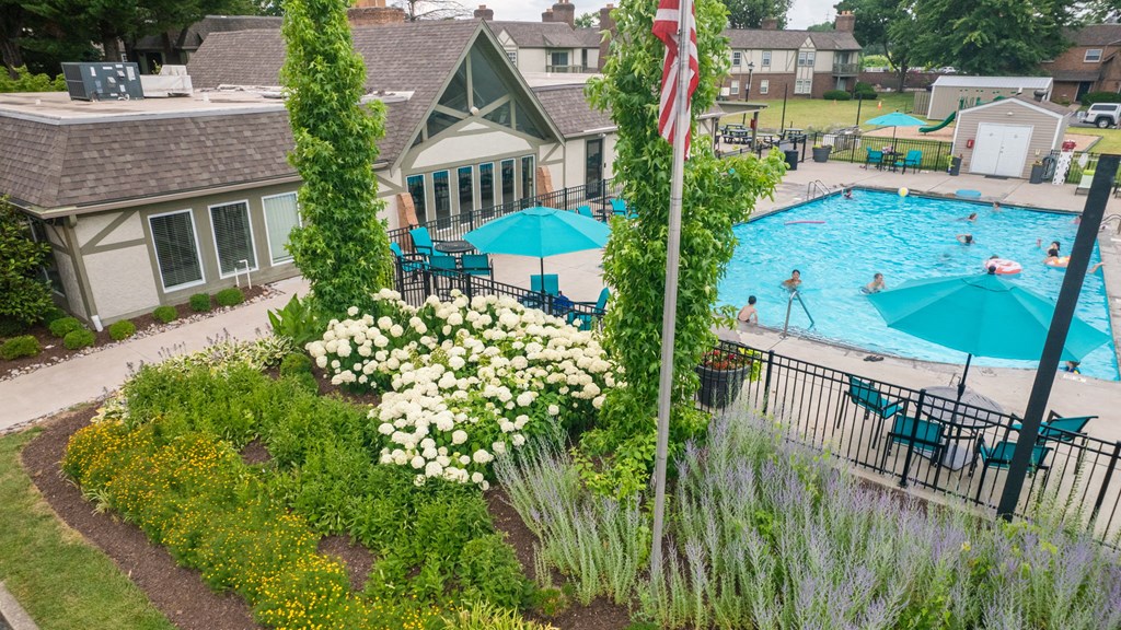 a backyard with a pool and a house with umbrellas